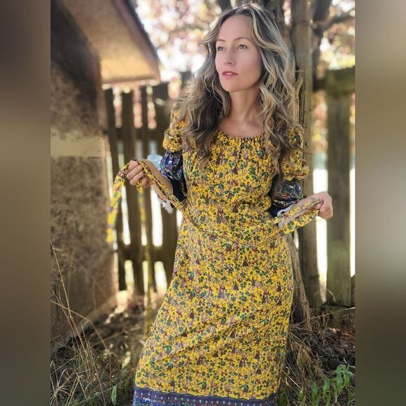 The Peasant Covered Peasant Dress 1960s Puff Sleeve Summer Maxi Levoy's Sz M - Picture 11 of 14